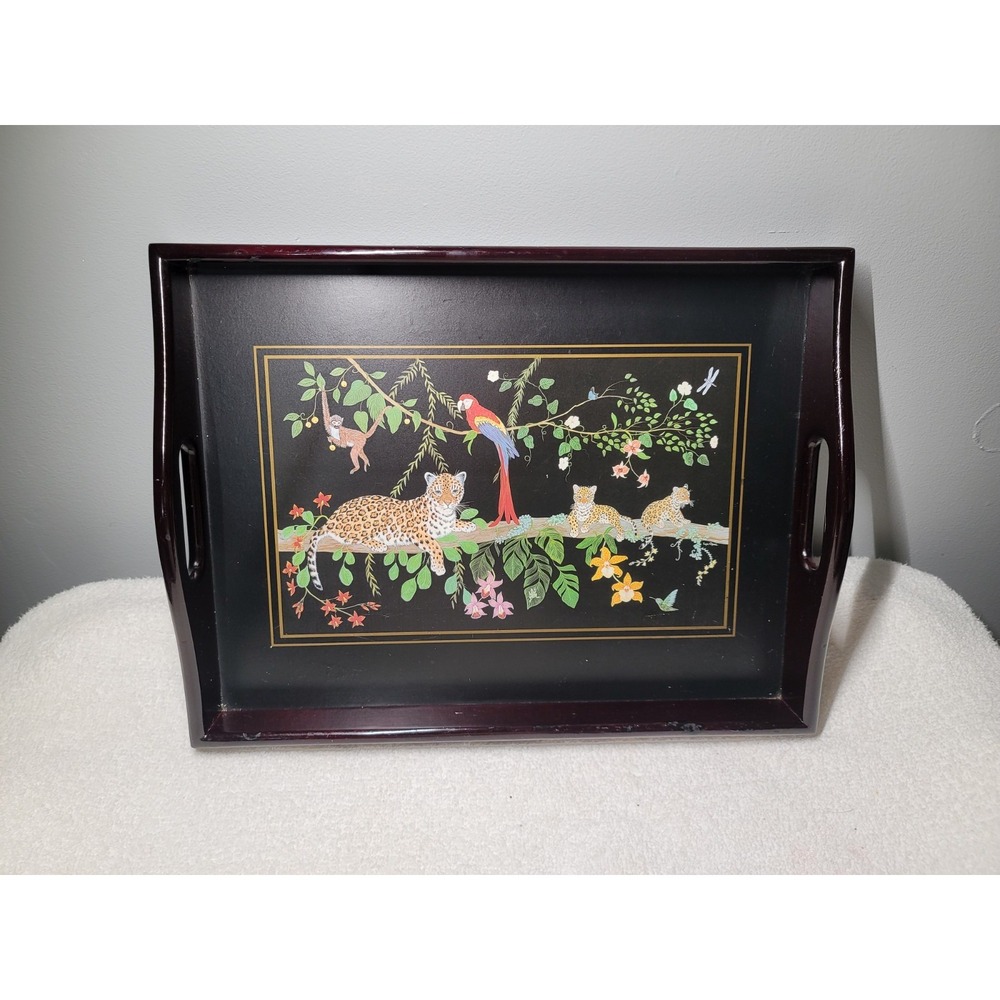 Lynn Chase Jaguar Jungle Wooden Tray w/ Handles 16 X 12